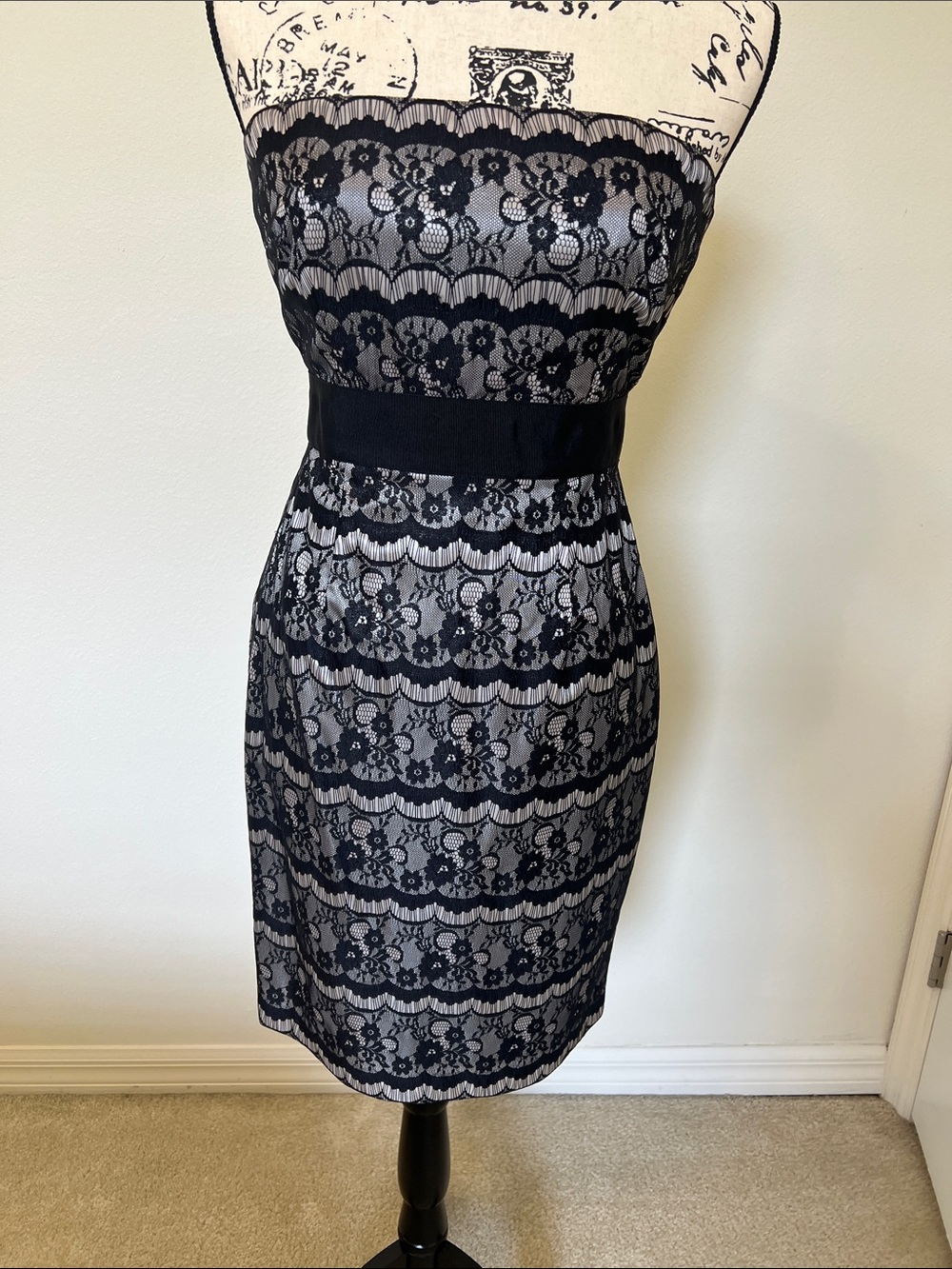 White House Black Market Black Lace Strapless Sheath Dress with Nude Underlay